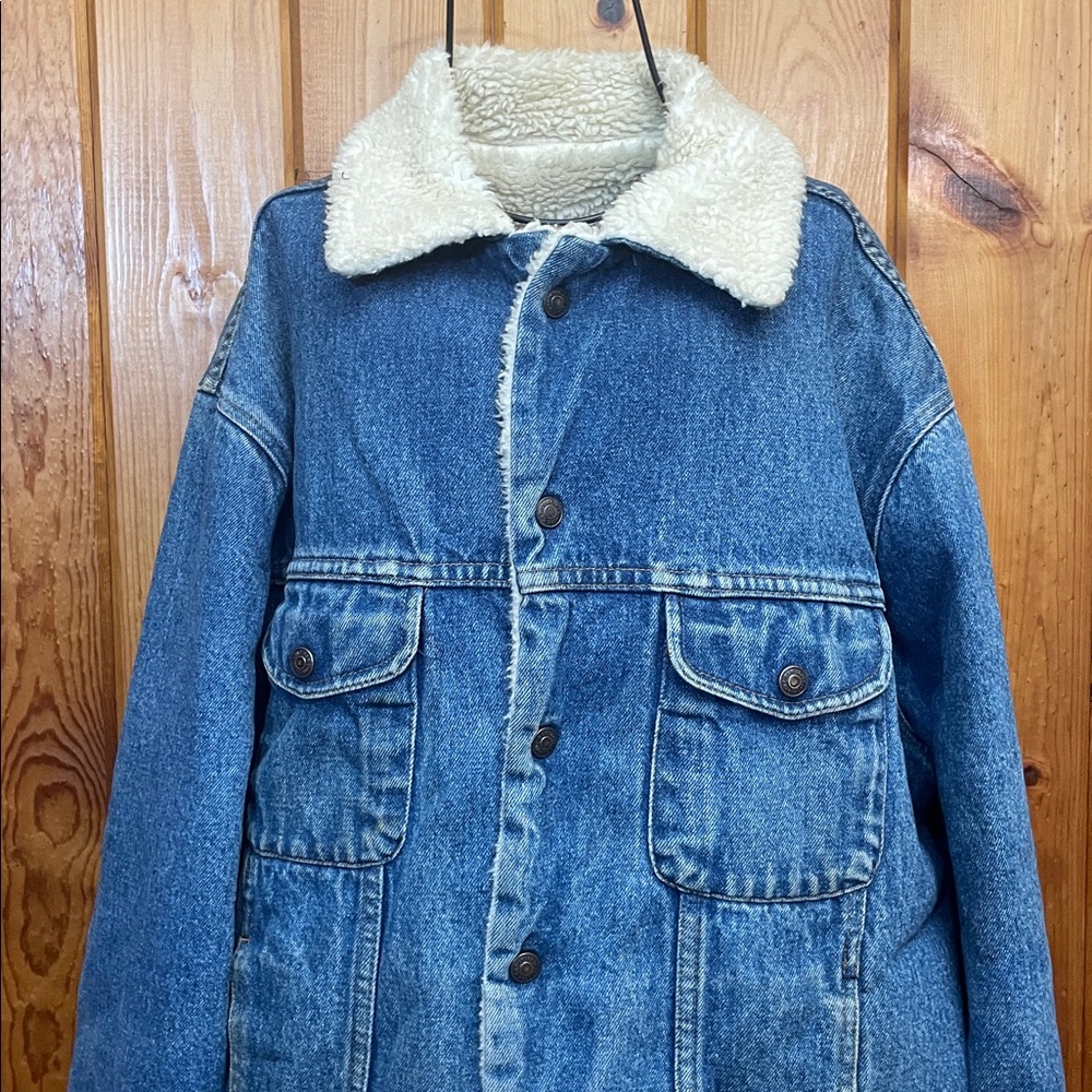 80s Gap Mens Large Sherpa Collar Lined Faded Denim Jean Jacket vintage coat - Picture 2 of 13